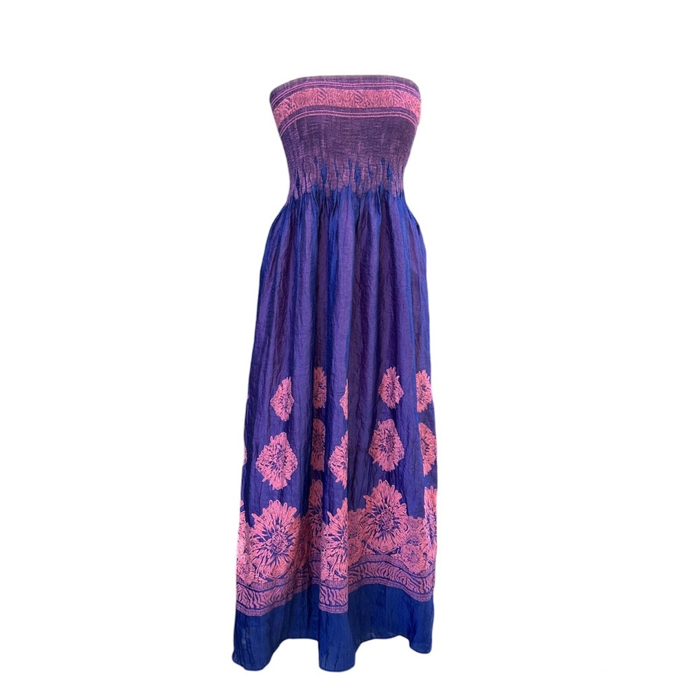 Lapis for Anthropologie One Size Blue/Rose Pink Maxi dress woven smocked